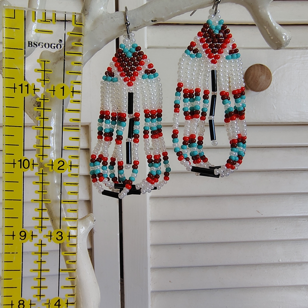 Handmade Beaded Fringe Earrings – Red, Turquoise  – Stainless Steel Hooks OS - Picture 3 of 3